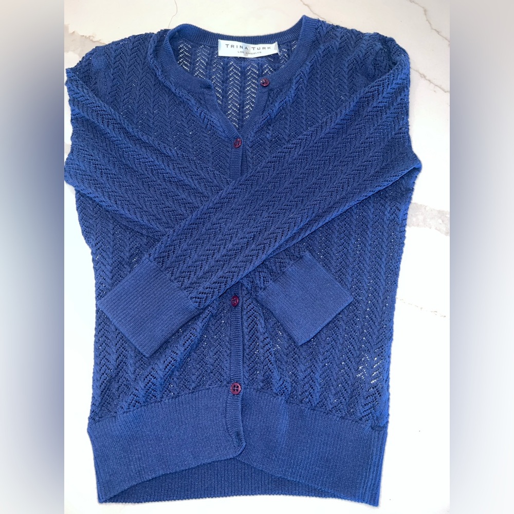 TRINA TURK blue herringbone open weave cotton/nylon cardigan, size small